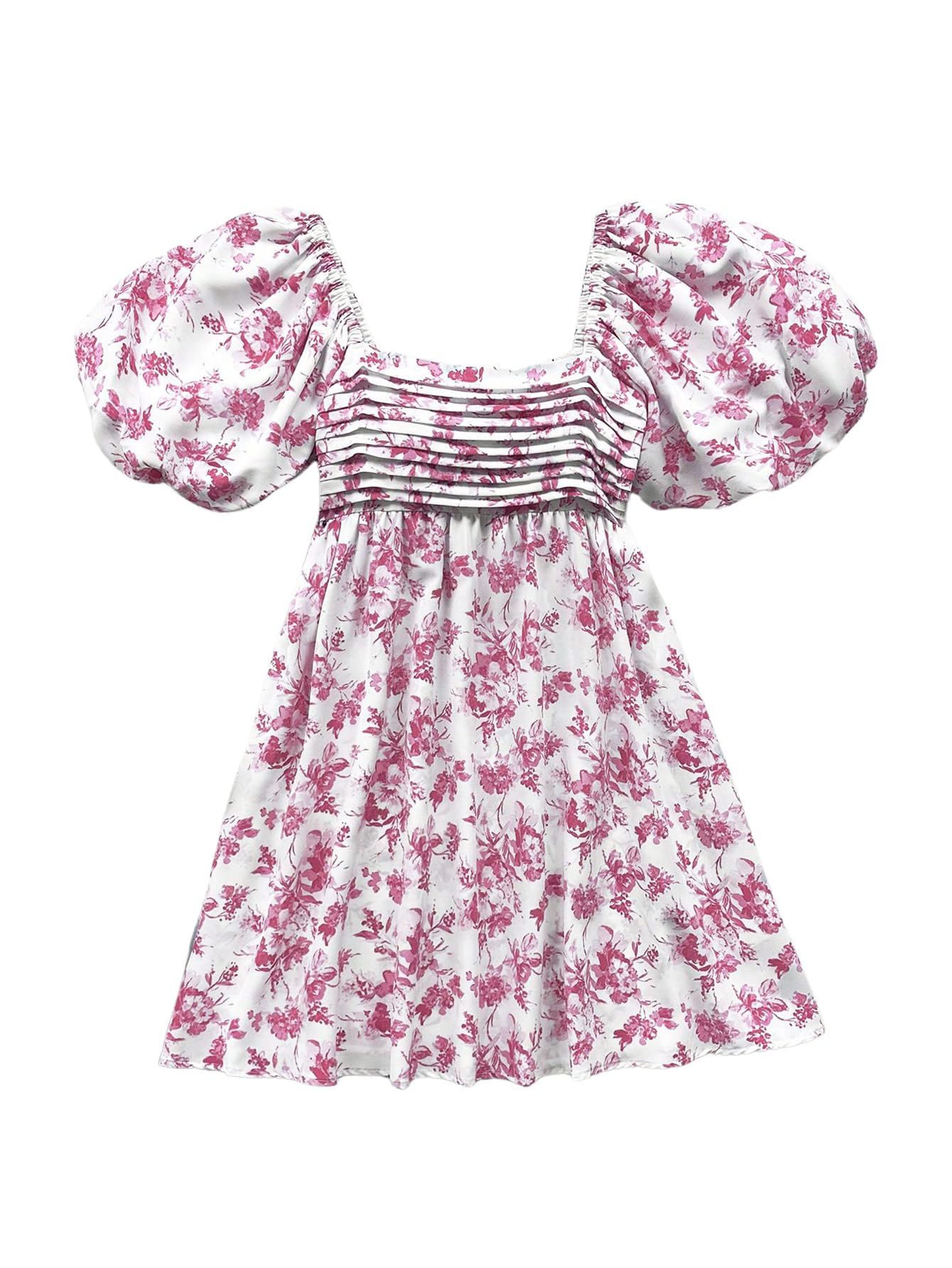 Photo 1 of Floerns Women's Floral Dress Puff Sleeve Dress Square Neck Summer Vacation Picnic Mini Dresses Pink