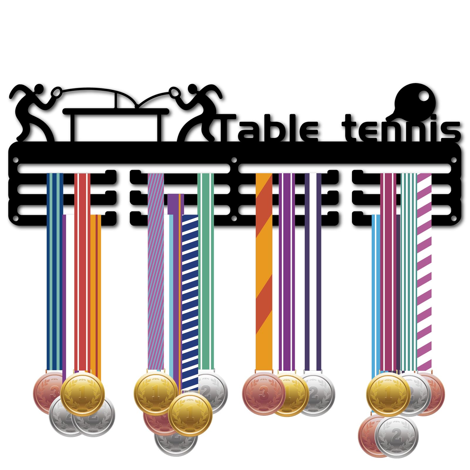 CREATCABIN Table Tennis Medal Holder Hanger Medal Rack Organizer Metal Shelf Medal Holder Stand Frame Hanging Wall Mounted with 12 Hooks 3 Rows for Athletes Gold Silver Bronze Race Black 15.7x6Inch