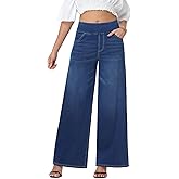 Simlakey Woman Wide Leg Jeans High Waisted Pull On Denim Pants Stretchy Casual Baggy Jeans Trendy Straight Leg Loose Trousers