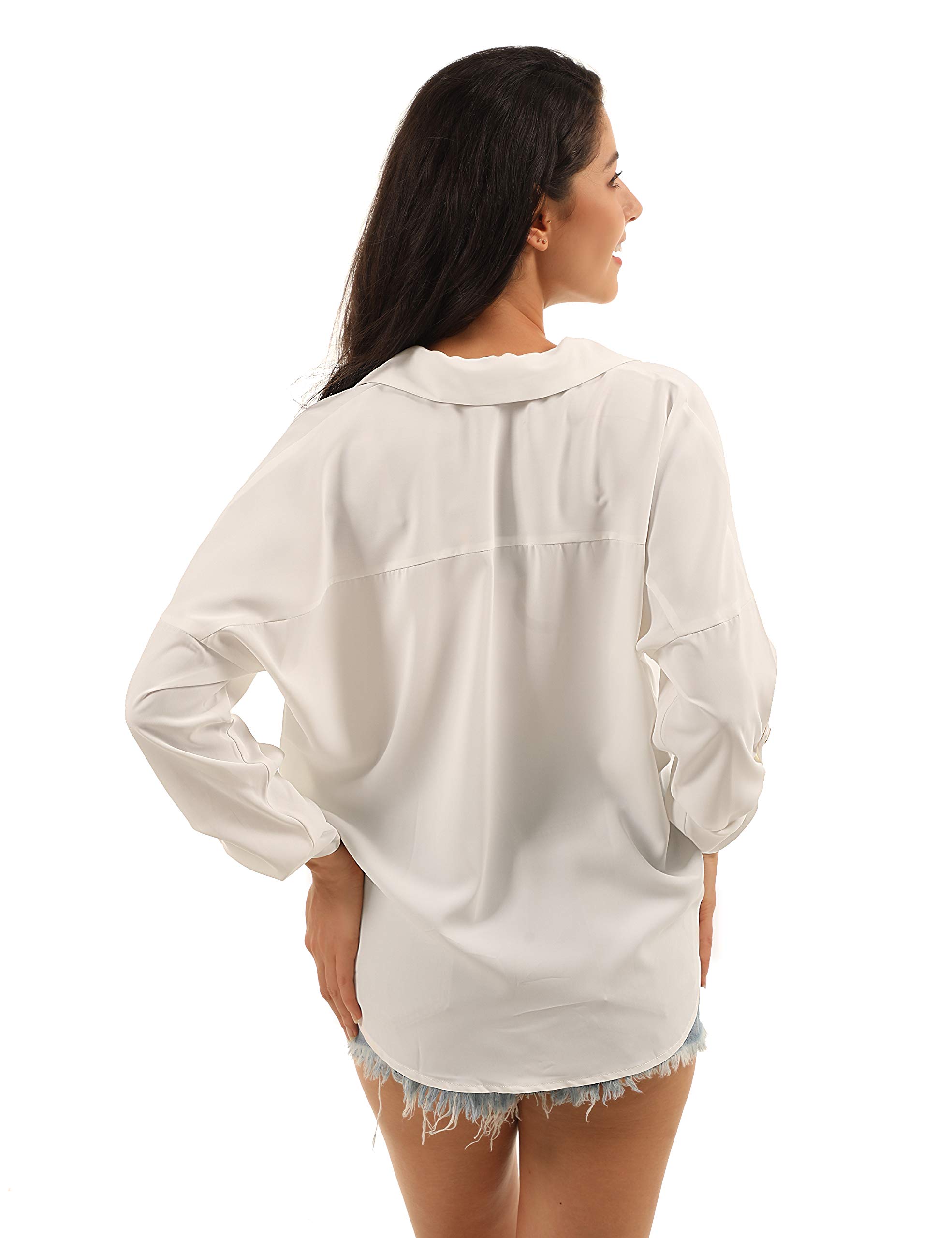 Blooming Jelly Womens Long Sleeve Button Down Shirt Collared V Neck Blouse Roll Up Sleeve Pocket Casual Tops (x-Large, White)