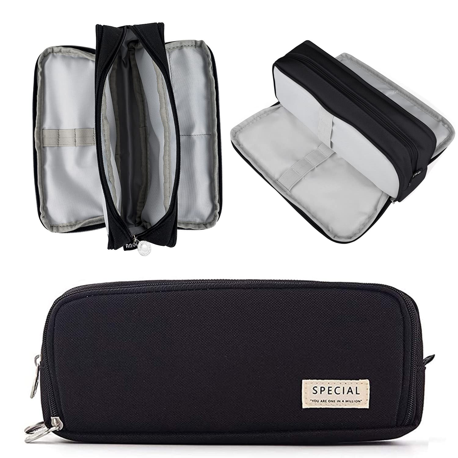 NEWUPZSI Pencil Case Girls Boys with 3 Compartments Large Pencil Case Girls Teenagers Pencil Case with 3 Compartments for Children Students Adults School Office Makeup Gift, black, 21,5 x 9 x 7 cm