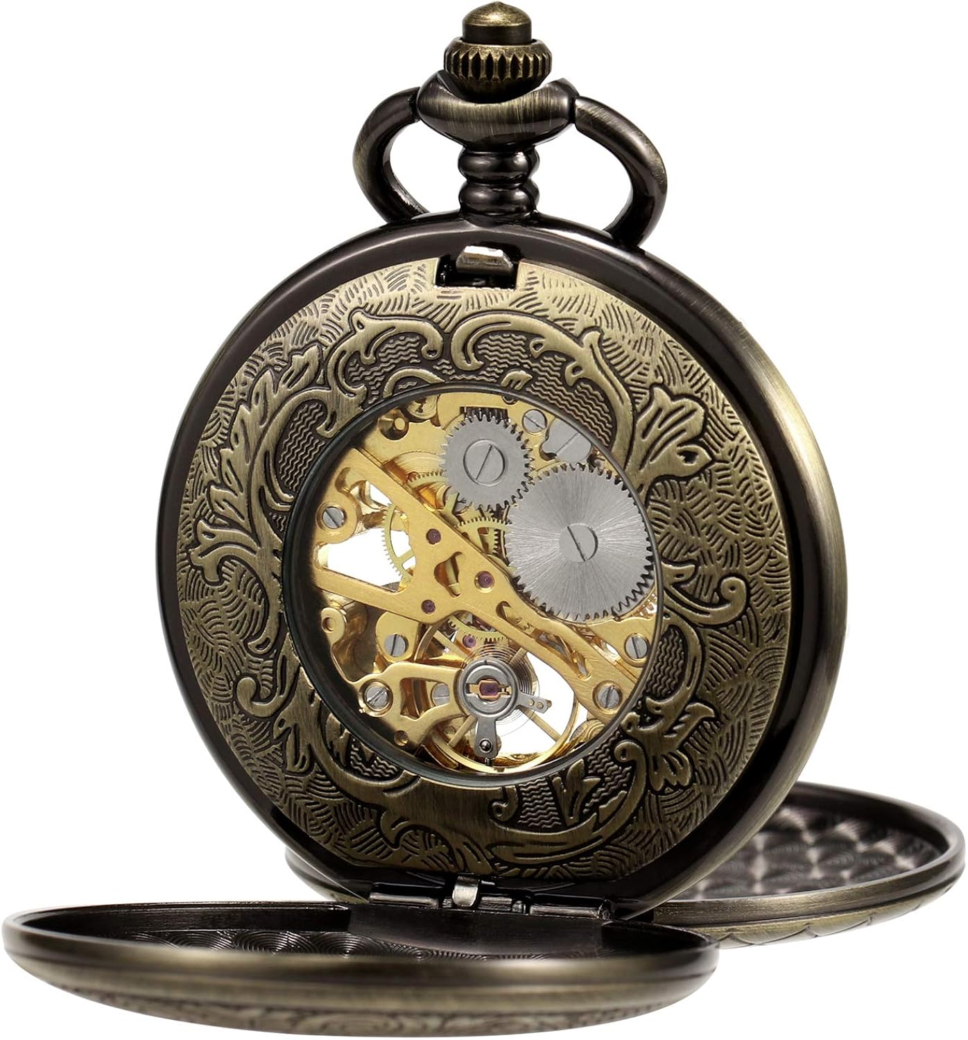 TREEWETO Mens Pocket Watch Antique Skeleton Mechanical Bronze Case 3D Steam Train Railroad Ruman Numerals Gifts for Train Lovers - Image 5