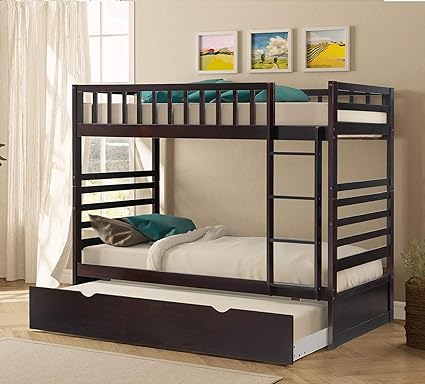 Rhomtree Twin Over Twin Bunk Bed With Trundle Wood Bed Frame With Slats Ladder Bedroom Furniture For Kids Espresso