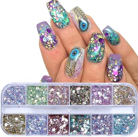 Amazon 12色 セットマーメイドネイルグリッタースパンコール丸い六角形キラキラpailletteフレークホログラフィック装飾ネイルアートマニキュア Vonrui グリッター ラメ 通販