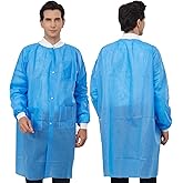 Greenour Disposable Lab Coat Blue SMS with Pockets for Adult Knitted Collar and Cuffs Breathable Fluid Resistant (M-2XL)