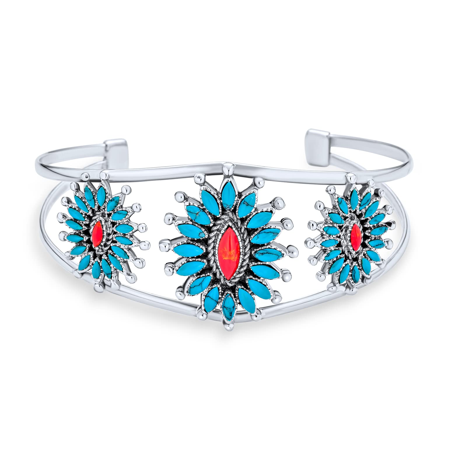 Personalize South Western Navajo Style Orange Red Coral Blue Turquoise Zuni Needlepoint Jewelry Flower Blossom Wide Cuff Bracelet For Women .925 Sterling Silver Customizable