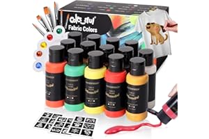 Colorful Permanent Fabric Paint, 14 Colors Soft Fabric Paint in Bottles (30ml/1oz) with Brushes, Palette, Non-Toxic Textile Paint for Creative DIY Clothes, T-Shirts, Shoes Art and Crafts