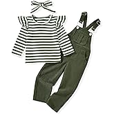 HINTINA 2PCS Baby Girls Clothes Toddler Jumpsuit Rompers Adjustable Ripped Jeans Overalls Set with Long Sleeve Stripe T-Shirt