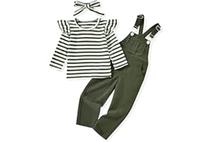 HINTINA 2PCS Baby Girls Clothes Toddler Jumpsuit Rompers Adjustable Ripped Jeans Overalls Set with Long Sleeve Stripe T-Shirt