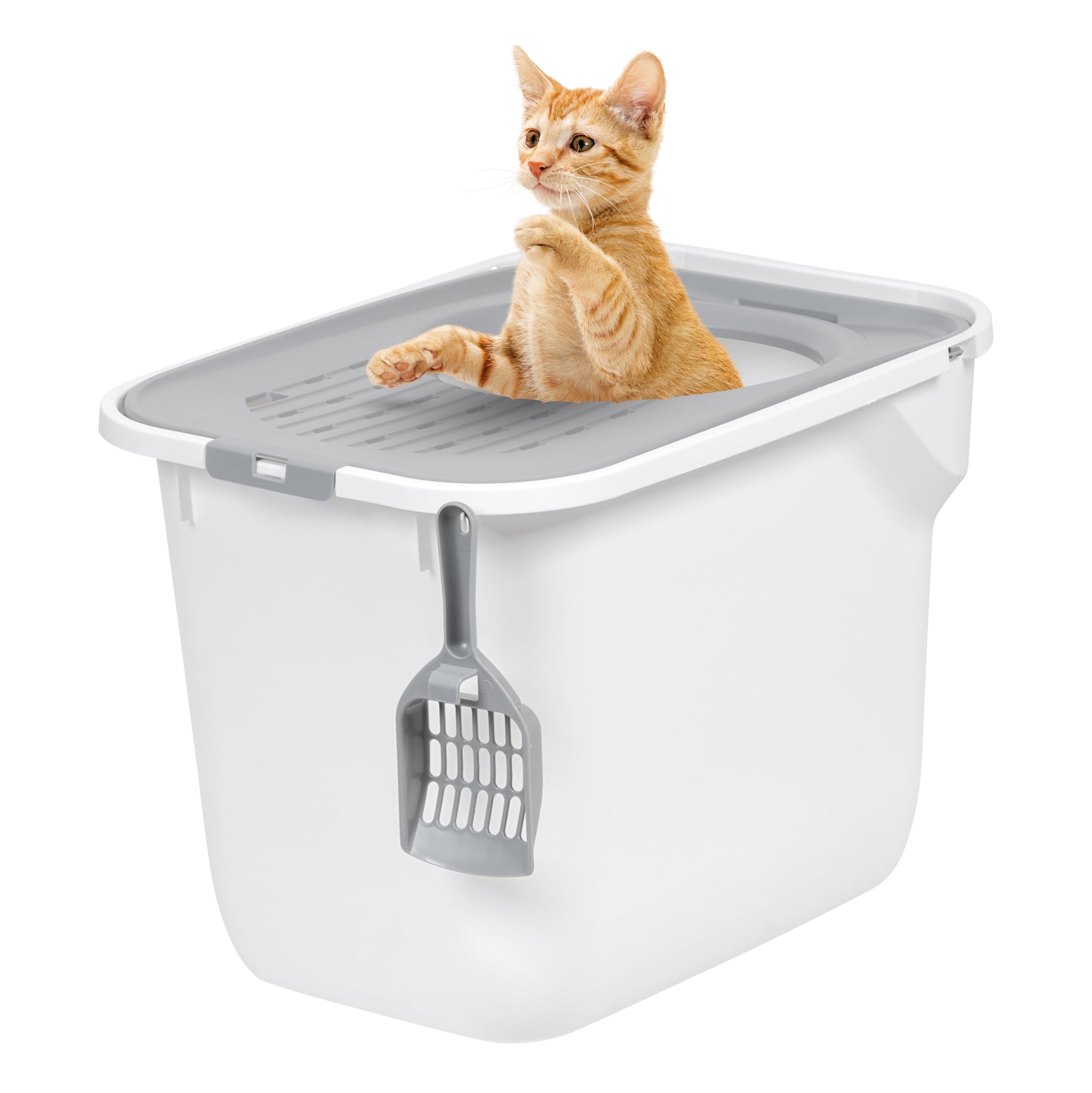 Photo 1 of IRIS USA Cat Litter Box, Large Cat Box Enclosure, Top Entry with Litter Catching Lid, Enclosed with Scoop, White/Gray