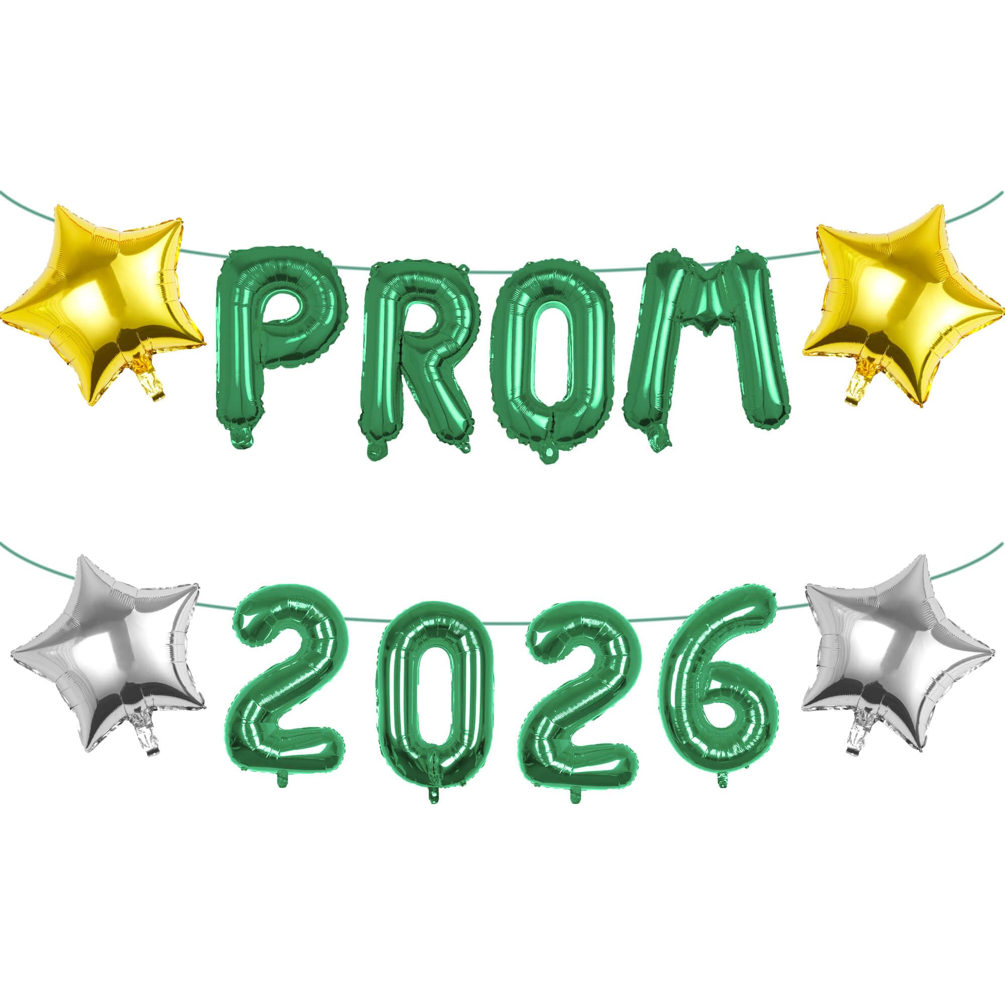 Pargleev Prom 2026 Balloons Decorations, 16 Inch Foil Letter Number Balloons with 18 Inch Silver Green Star Balloons for High School College Graduation Gift Retirement Ins Photo Party Supplies