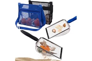 U-Zimikee Beach Mesh Shovel with Mesh Beach Bag Shell Bags for Picking Up Shells, Sand Sifter Kids Filter Sand Scooper for Shells Collecting, Shark Teeth Sifter Dipper for Kids (Black+ Deep Blue)