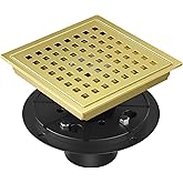 EXF Shower Drain 6 Inch Brushed Gold, Stainless Steel Square Shower Floor Drain Kit with ABS Flange, Removable Cover Grid Grate, Hair Strainer