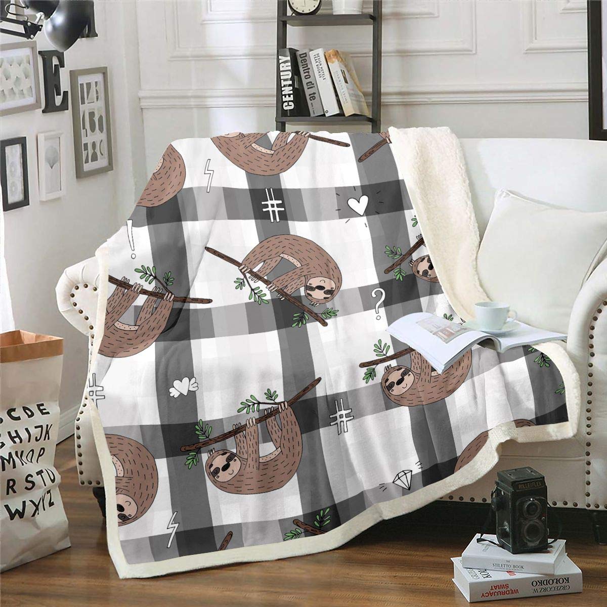 Loussiesd Sloth Sherpa Throw Blanket Buffalo Check Fleece Blanket Cute Animal Pattern Plush Blanket for Sofa Bed Cartoon Sloths Printed Fuzzy Blanket Double 60"x79"
