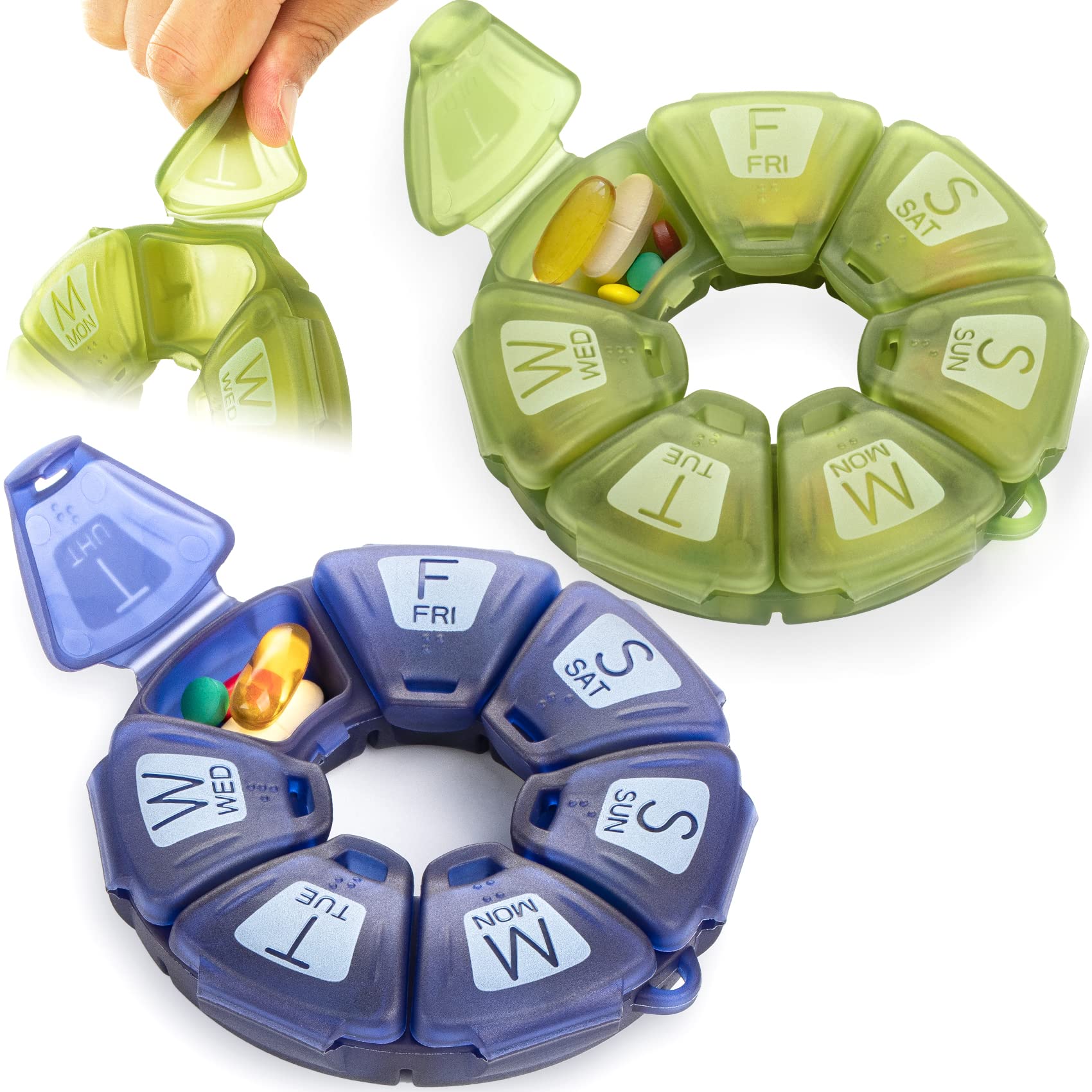Photo 1 of Round Weekly Pill Organizer, TPU Rubberized, Travel Pill Container 7 Day, with 7 Large Compartments, Great for Daily Vitamins & Supplements, Cute Pill Case with Large Letters and Braille (2 pcs)