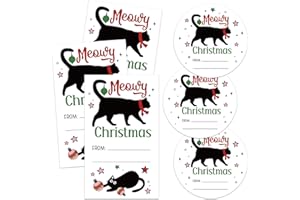 Cut Cat Christmas Stickers, Holiday Gift Stickers for Present, 20 Round & 20 Rectangle Writable Self-Adhesive Name Tags, Fits