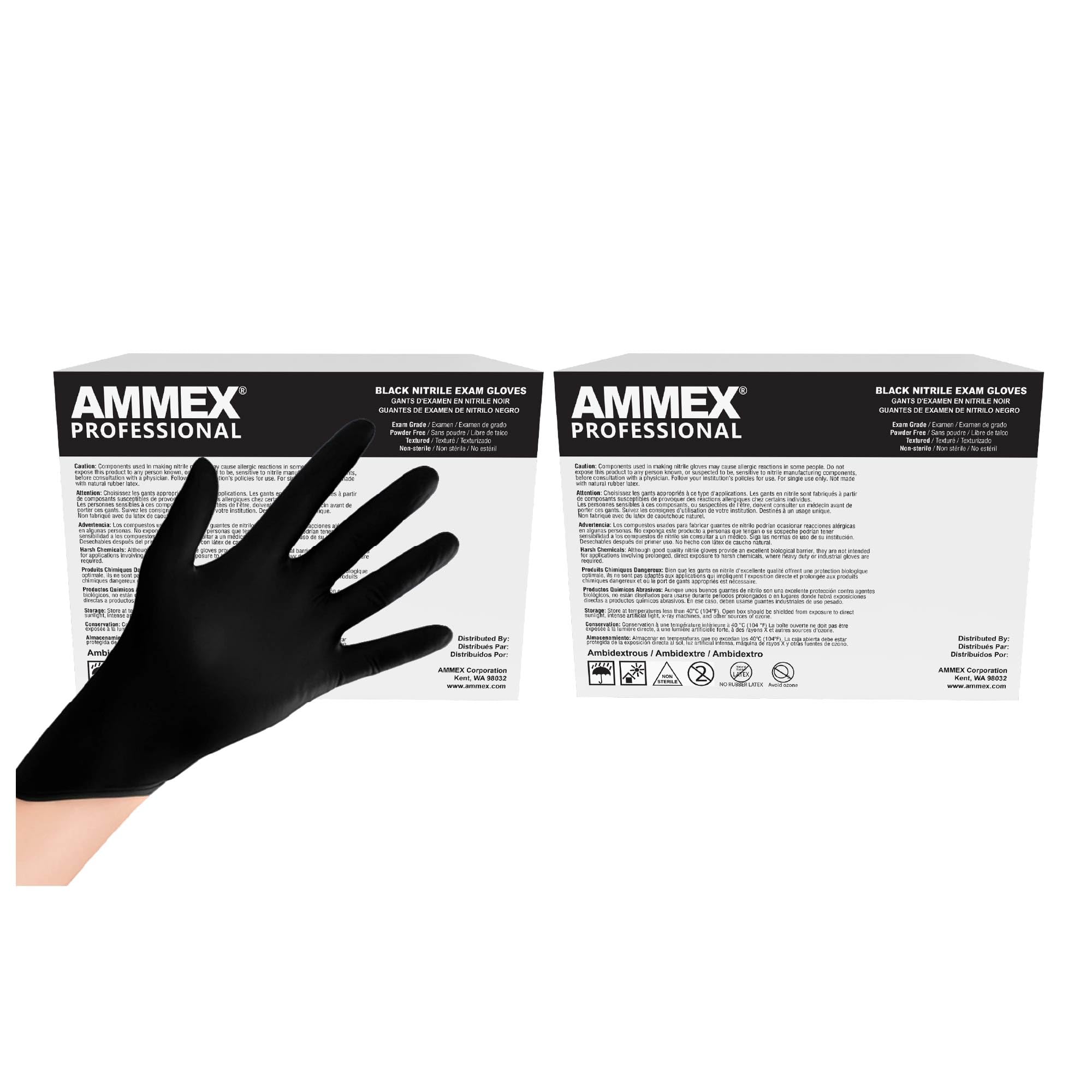 AMMEX 3 Mil Black Nitrile Gloves, Disposable Latex Free, Powder Free, Exam Grade, Medical Use, Food Safe, Medium, 2 Cases of 1000 Image