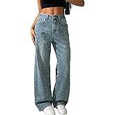 heipeiwa Women's Rhinestone Jeans Wide Leg Baggy Denim Pants High Waist Sparkle Shiny Sequin Trouser