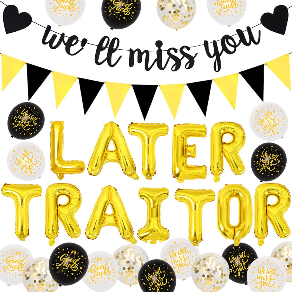 Sursurprise Leaving Party Decorations Black Gold, Later Traitor Balloons for Colleagues, We Will Miss You Banner, Work Bestie Good Luck Farewell Coworker Retirement Party Supplies for Men Women