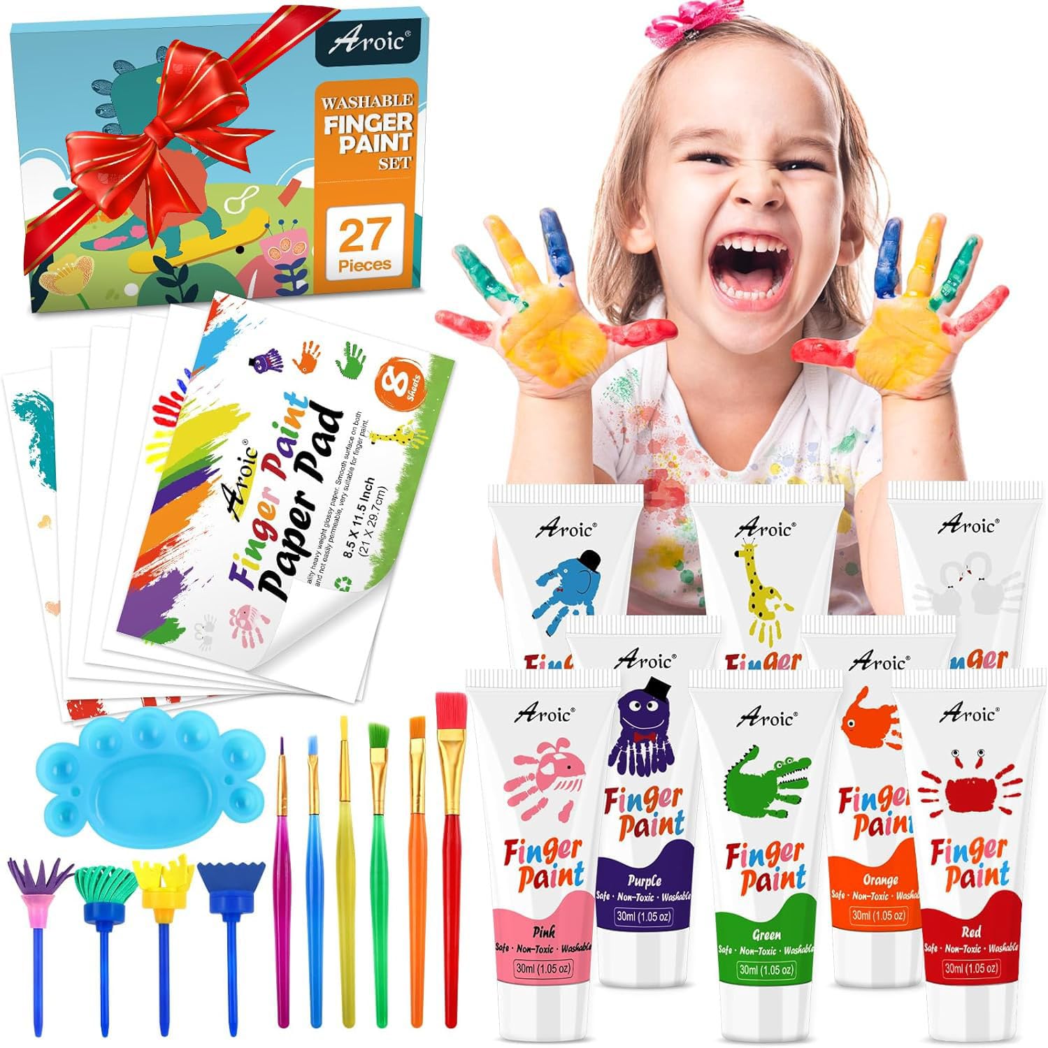 Photo 1 of 27PCS Kids Washable Finger Paint Set, 8 Colors Non Toxic Finger Paints, Finger Paint Paper, Brushes, Sponges, Art Painting Supplies for Toddlers,Finger Painting Supplies for Kids Boys Girls Gifts