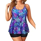 Plus Size Tankini with Shorts - Women Two Piece Swimsuits Bathing Suit Scoop Neck Flowy Swimwear 2025