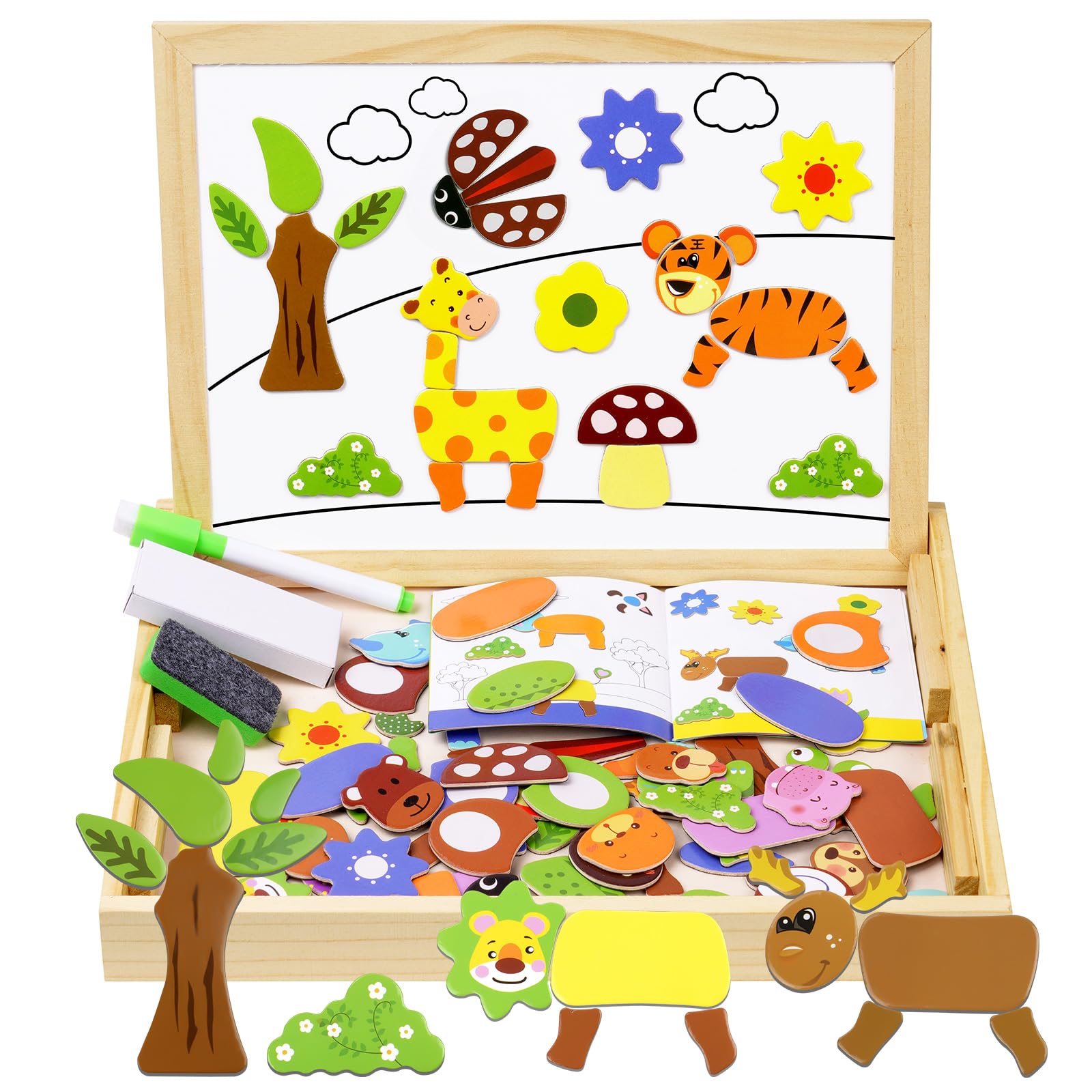 Aolso Wooden Magnetic Puzzle, Magnetic Board Puzzle Games, Blackboard Jigsaw, Drawing Easel Blackboard Educational Wood Toys for Kids 3-5 Year Olds