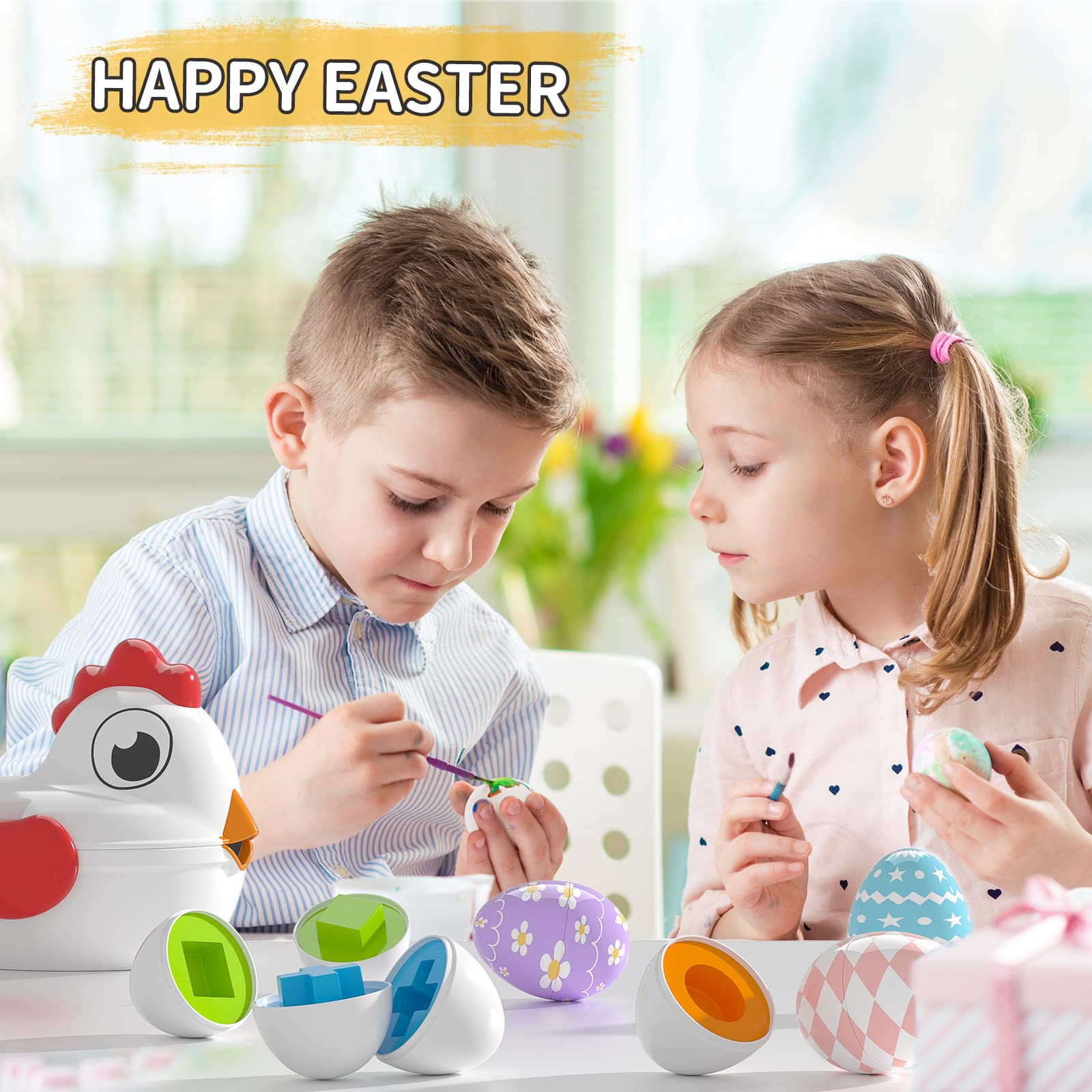 TEMI Toddler Chicken Easter Eggs - Color Matched Game Shape Sorter with 6 Toy Eggs for Kids 3-5, Fine Motor Skills Sensory Toys, Educational Gifts for 3-6 Girls Boys Baby