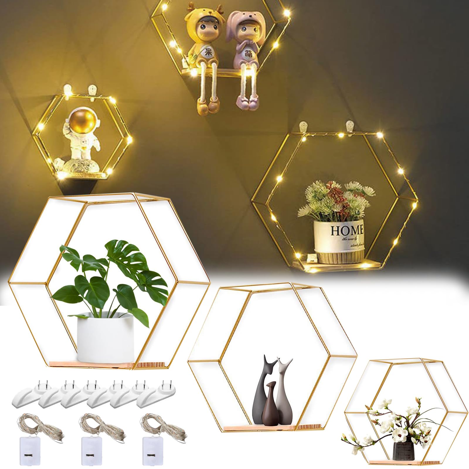 Mocoli Hexagon Shelves, 3pcs Metal Wall Shelves Hexagon Wall Shelf with Light Strips Gold Wall Storage Organizer Shelves for Bedroom Living Room Kitchen