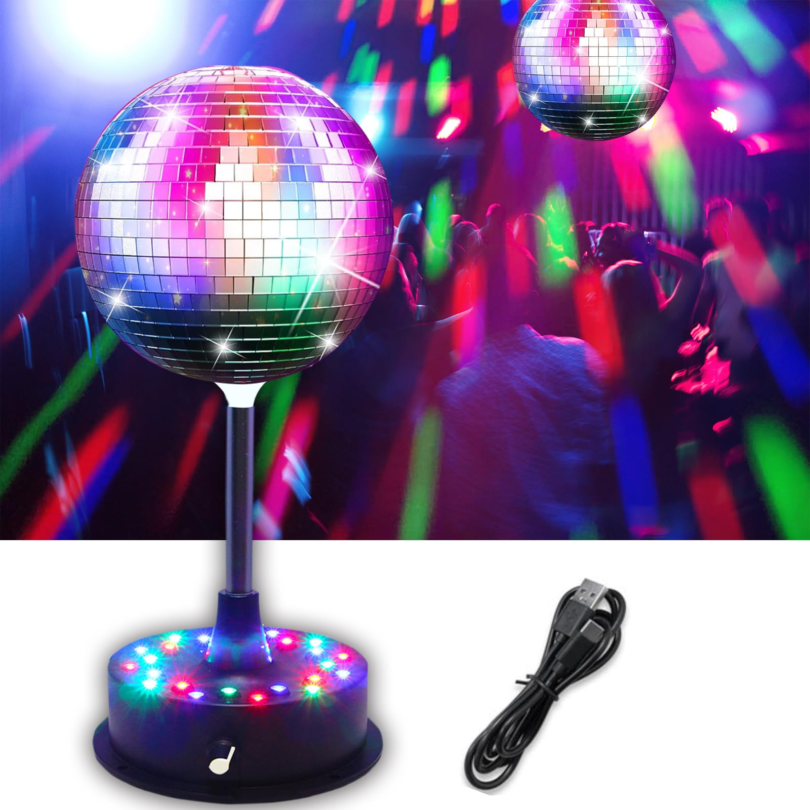 6'' Mirror Disco Ball with 24 LEDs 5-9 RPM Adjustable Rotating Motor Base Disco Lamps Ceiling Decor for Show Party Dancing Hall Club Ktv Nightclubs Bars