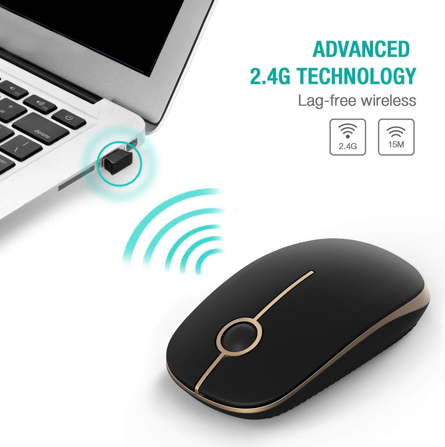 Jelly Comb 2.4G Slim Wireless Mouse with Nano Receiver MS001 (Black and Gold): Computers & Accessories