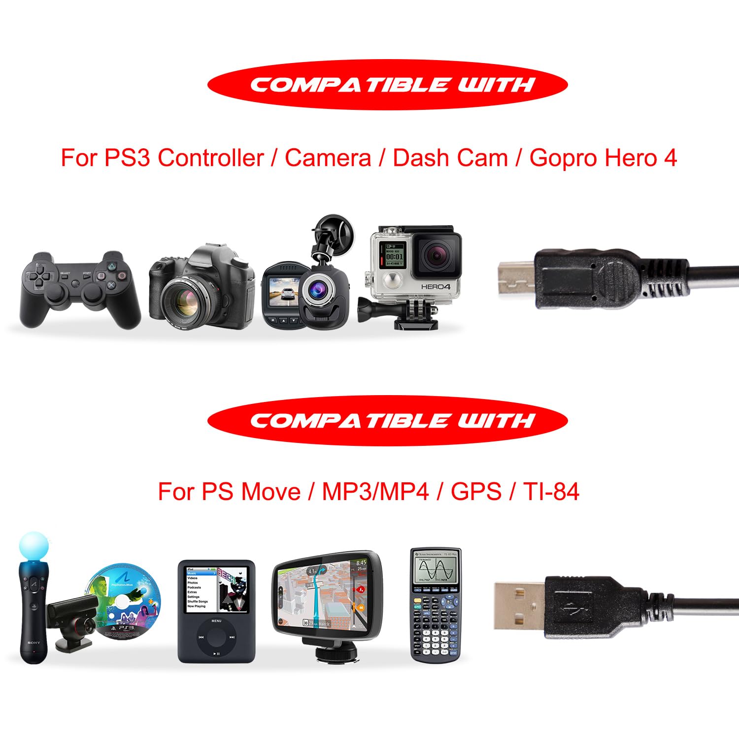 Xahpower 2Pack 10Ft Controller Charging Cable for PS3, Magnetic Ring Mini USB Data Charging Cord for Sony PS3/ PS3 Slim/PS Move Controllers GoPro,HD,Dash Cam,MP3 Player Digital Cameras, TI-84 Plus