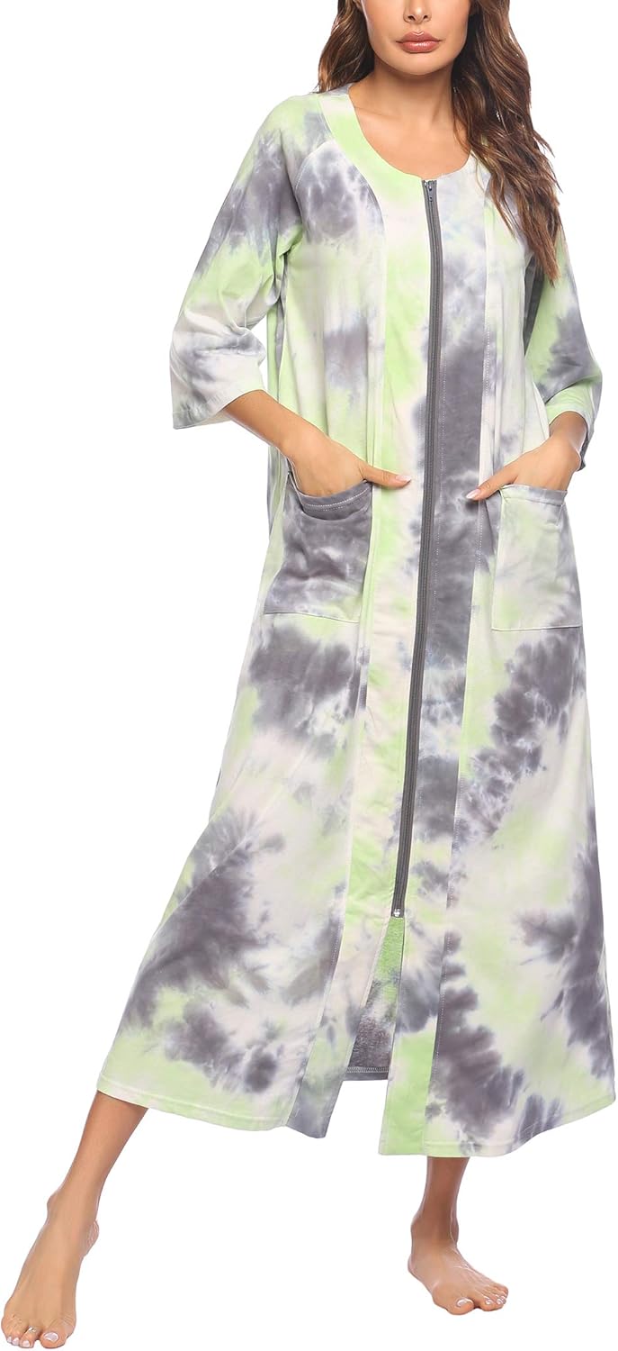 Ekouaer Womens Zipper Robe Plus Size Half Sleeve Sleepdress Long Cotton