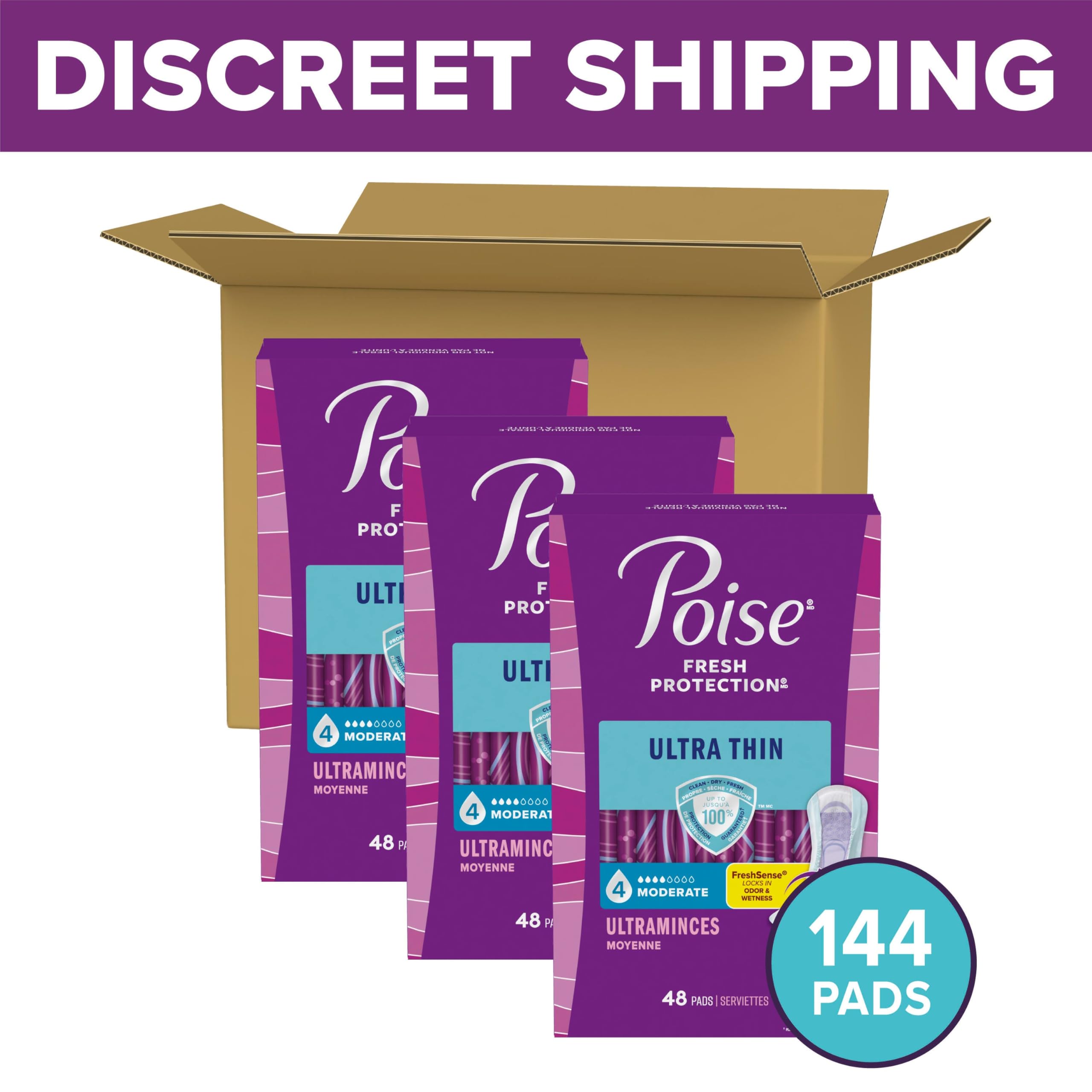 Poise Ultra Thin Incontinence Pads & Postpartum Pads for Bladder Leaks, 4 Drop Moderate Absorbency, Regular Length, 144 Count, Packaging May Vary