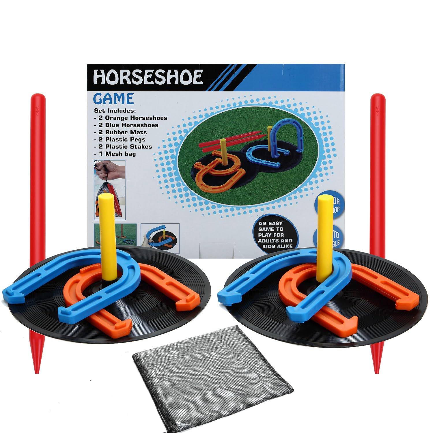 Outdoor Indoor Rubber Horseshoes Set Includes 4 Horseshoes,2 Pegs,2 Rubber Mats,2 Red Plastic dowels,Beach Games Perfect for Tailgating,Camping,Backyard,Fun for Kids Adults (Blue&Orange)
