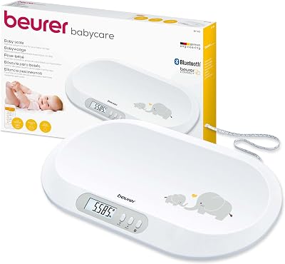 BY 90 Babywaage mit kostenloser App (iOS + Android) integriertes Maßband, 20 kg Tragkraft und Hold-Funktion für stramplende Babys