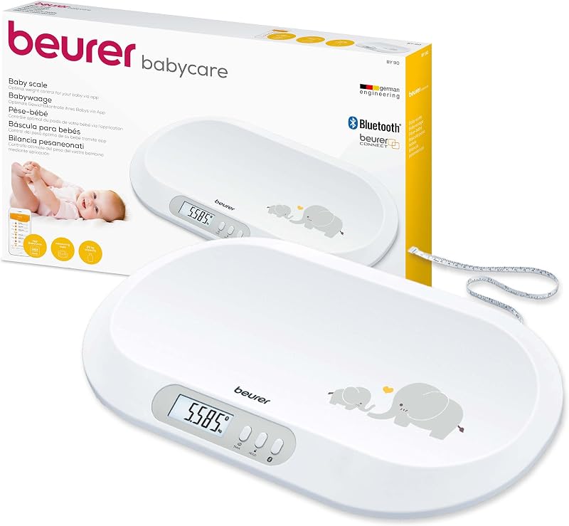 BY 90 Babywaage mit kostenloser App (iOS + Android) integriertes Maßband, 20 kg Tragkraft und Hold-Funktion für stramplende Babys