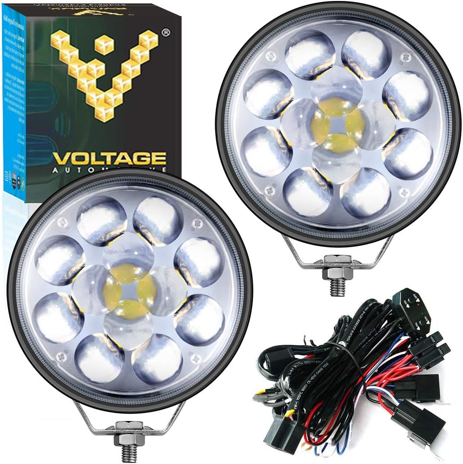 5 Inch Round LED Pods Work Light with 4D Lens Spot Light Dual Beam High Low Beam 8000K for Off Road Truck 4x4 Jeep SUV ATV Vehicles Boat Marine and Automotive (2 Pack With Harness)