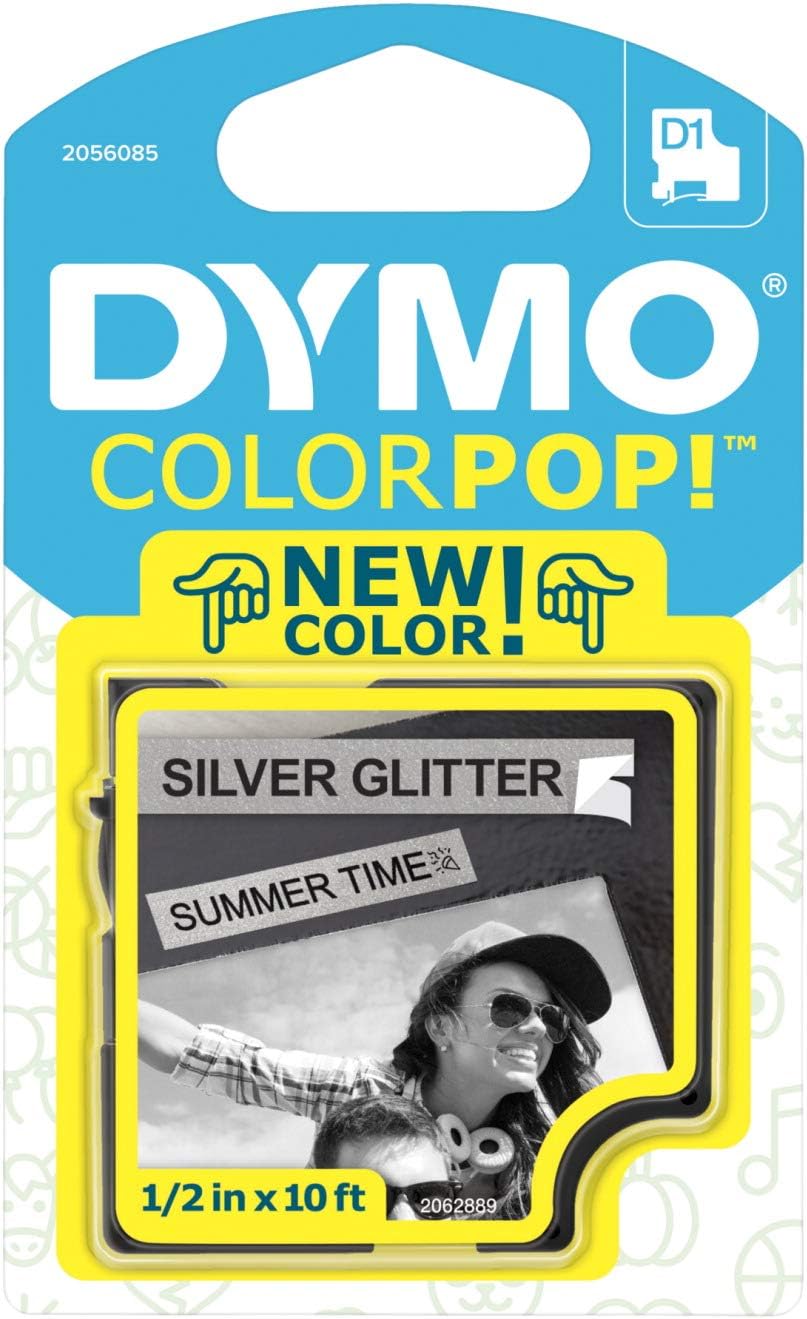 DYMOCOLORPOP Authentic Label Maker Tape, 1/2" W x 10' L, Black Print on Silver Glitter, D1 Standard