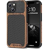TENDLIN Compatible with iPhone 14 Case Wood Grain with Carbon Fiber Texture Design Leather Hybrid Slim Case Black