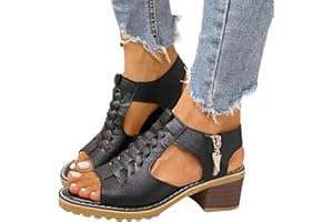 Eduavar Womens Wedge Sandals, Orthopedic Sandals for Women Leather Peep Toe Cutout Zipper Chunky Heeled Sandals