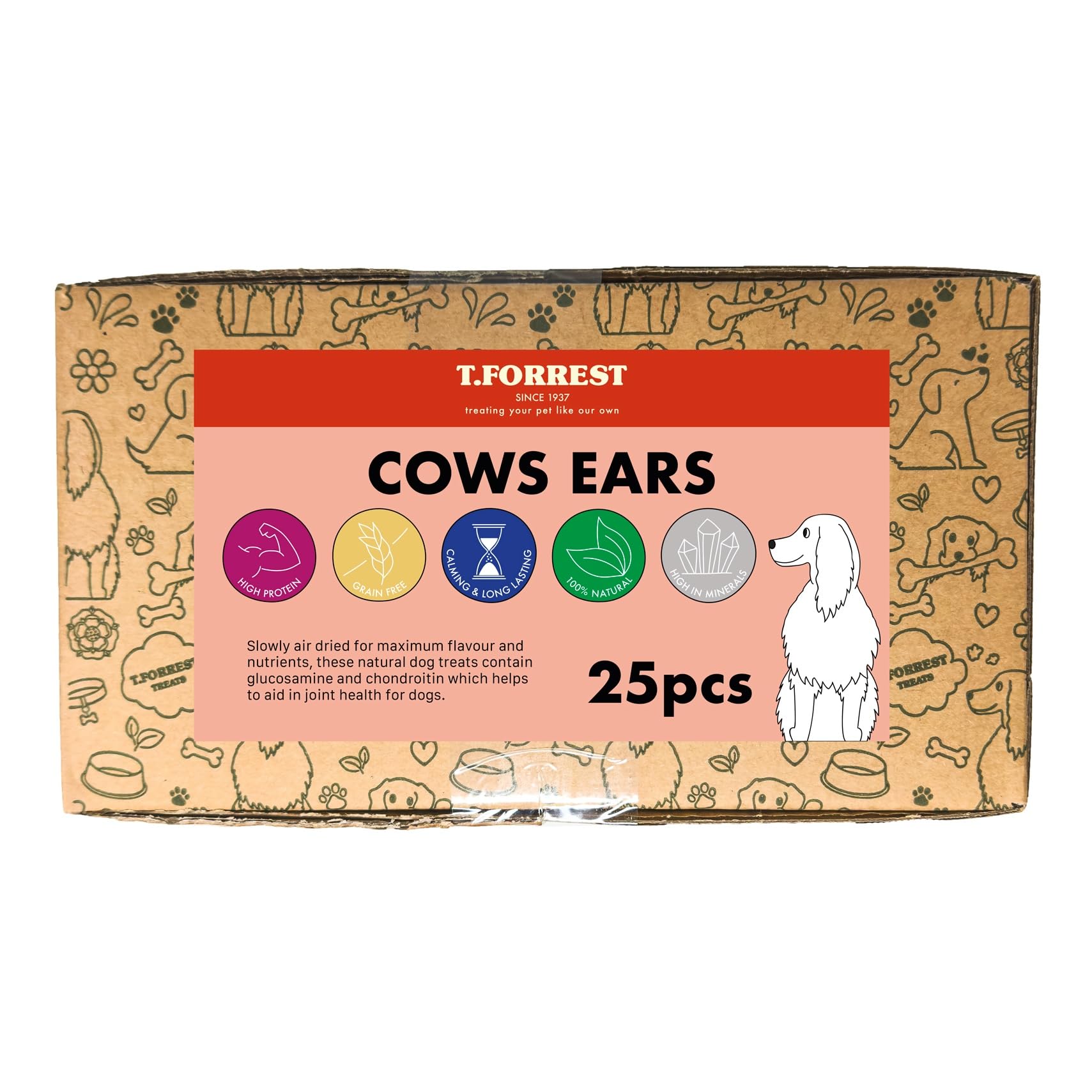 T. Forrest Cows Ears for Dogs - 25 Pack, Natural Air-Dried Long-Lasting Chews, High Protein, Grain-Free Dental Treats - Healthy Dog Chews for All Breeds & Sizes - 1.5kg
