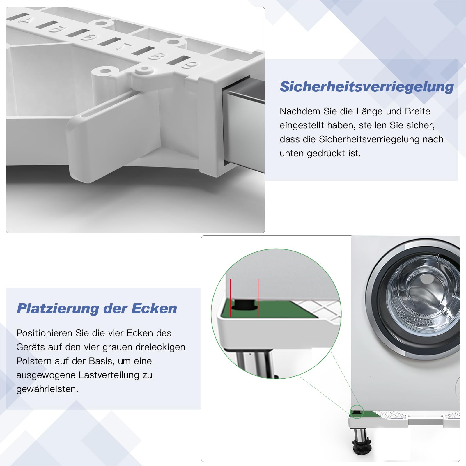 DEWEL Waschmaschine Untergestell Verstellbare Bärenlast 300KG,Waschmaschine Sockel für Trockner Kühlschrank,Gefrierschrank,Waschmaschinen Podest Breite 45-65cm,Höhe 18–22cm,Weiß 8