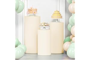 LEBENGURU 3Pcs Cylinder Pedestal Stand Covers Beige, Round Spandex Display Pedestal Covers, Elastic Cloth Plinth Pillar Cover for Parties Wedding Birthday Event Decor Props (Only Covers)