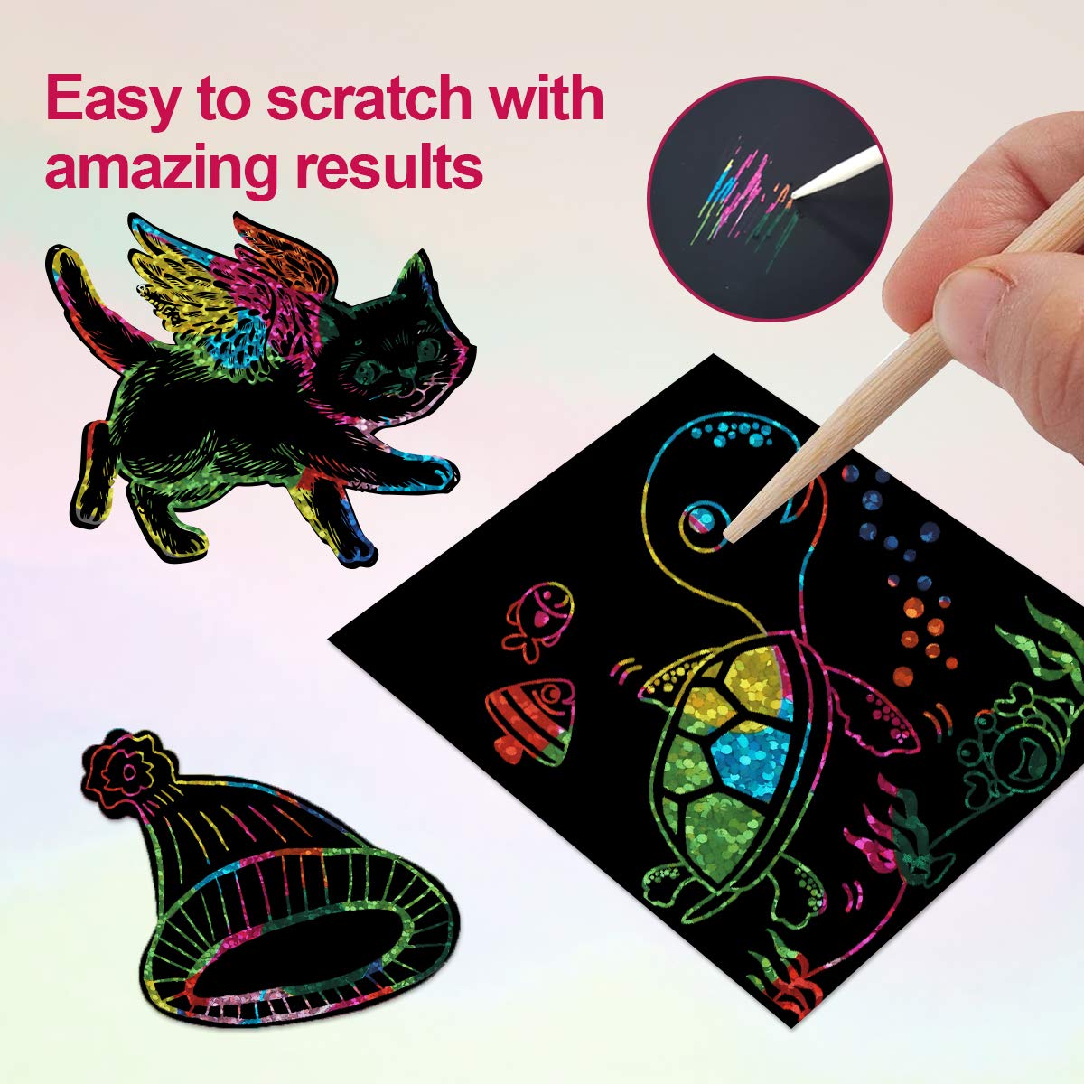 Mocoosy 400 Sheets Holographic Scratch Art Mini Notes for Kids, Glitter Rainbow Scratch Off Paper Arts Crafts Magic Scratch Note Cards Party Favor Supplies Goody Bag Stuffers Gift Box for Girls Boys