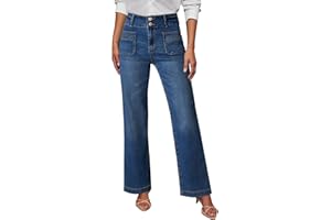 Sidefeel Women's Wide Leg Jeans High Waisted Tummy Control Stretchy Pockets Front Straight Leg Jeans