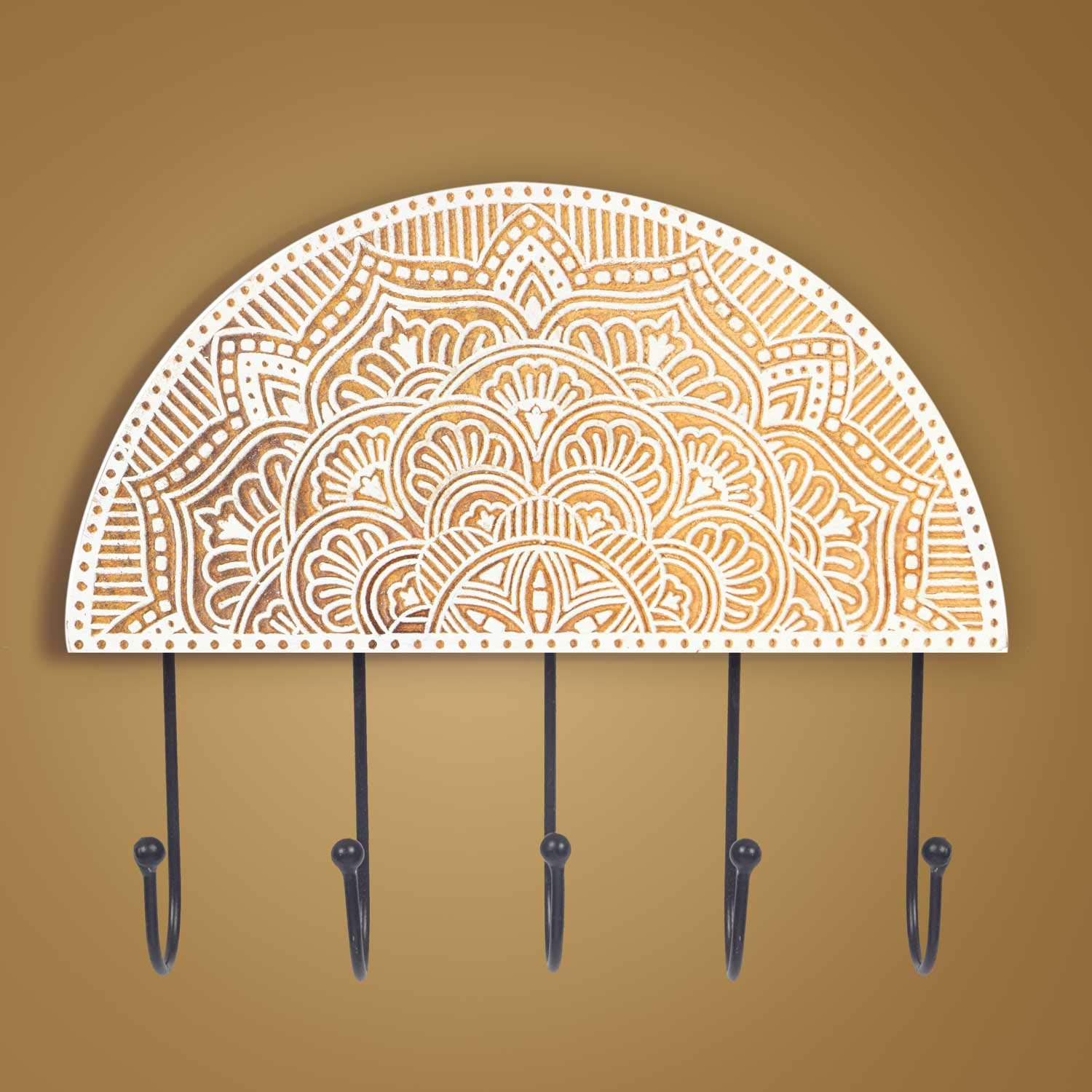 Mandala Life ART Boho Chic Decorative Key Hanger for Wall - 5 Medium Hooks - Natural Raw Mango Wood - Hand Curved Wooden Stamp with Metal Hook - Jewelry Hanger