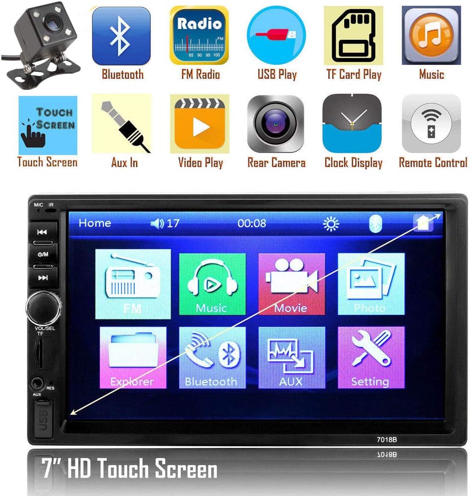 Double Din Car Stereo, Ewalite 7 inches Touch Screen in Dash Car Radio Receiver Audio Video Player Supports Bluetooth FM Mp3 / TF/USB / AUX/Subwoofer with Rear View Camera + Remote Control