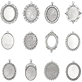 SUNNYCLUE 1 Box 12Pcs 12 Styles Silver Bezel Trays Oval Pendant Blanks Antique Silver Frame Metal Cameo Pendants Trays for Jewelry Making DIY Craft Bouquet Bridal Wedding Brides Graduation Adults