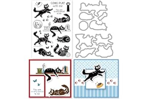 INFUNLY Cat Stamps and Dies for Card Making Cat Clear Stamp and Die Set Metal Cutting Die Silicone Rubber Stamps for DIY Scra