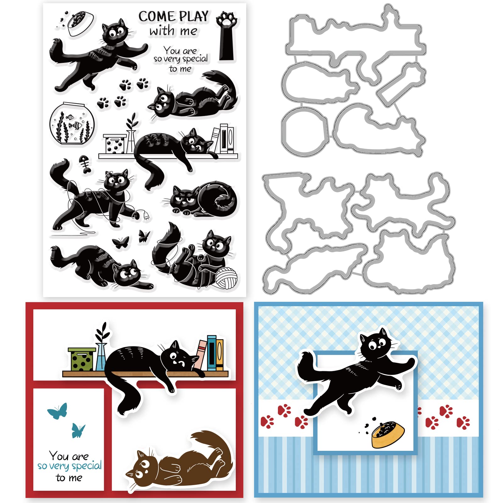 INFUNLY Cat Stamps and Dies for Card Making Cat Clear Stamp and Die Set Metal Cutting Die Silicone Rubber Stamps for DIY Scrapbooking Crafts